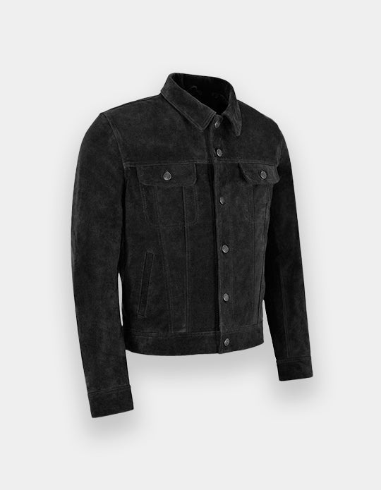 Men's Classic Trucker Black Suede Leather Jacket Denim Style Western Real Suede Leather Jacket Mens Suede Jacket Black.